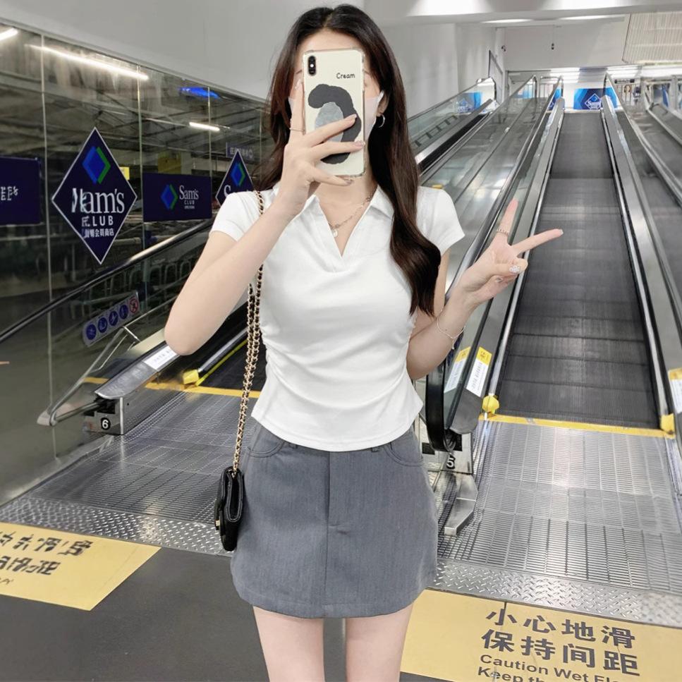 Ins Pure Desire Polo Collar Spice Girl Short Pleated Short-sleeved T-shirt Women's Summer Slim and Thin Short-sleeved Top Women's Wholesale