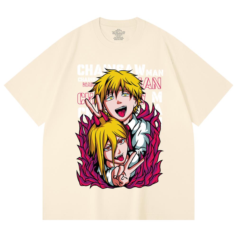 

230 Gsm 100% Cotton Chainsaw Man V39 Denji Power Print Unisex Heavy Cotton T Shirt XS абрикосовый