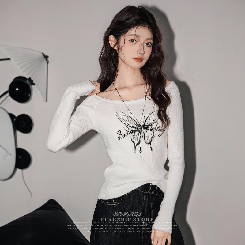 Off-shoulder butterfly printed knitted sweater women's spring and autumn new design sense slim-fitting Spice girl inner bottoming shirt top