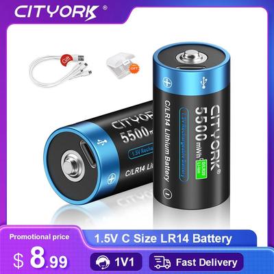Cityork 1.5V C Size Rechargeable Battery Type C USB Charging R14 LR14 Li-ion C Battery Batteries for Flashlight Gas Cooker