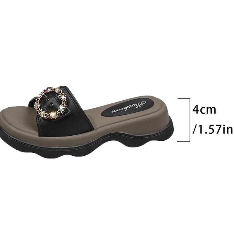 Fashion Retro Diamond Decor Pu Leather Slippers Women Chic Buckle Design Patchwork Med Heel Sandals Female Roman Thick Sole Slides Mujer