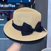 French flat-top seaside vacation straw hat women's spring summer big brim sun hat elegant bow decorative sun hat