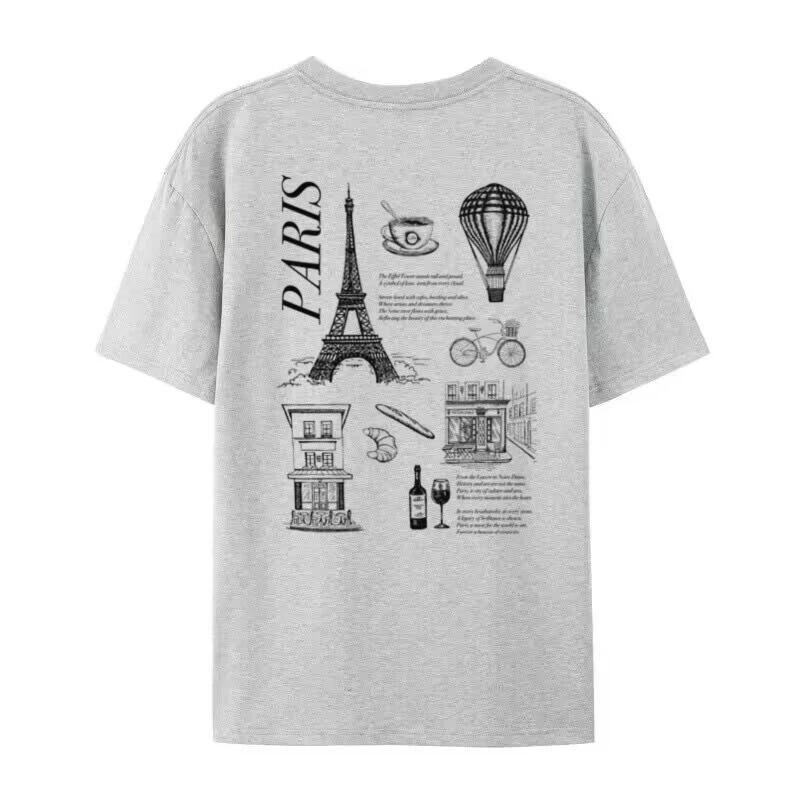 Paris France Loose Streetwear Graphic Tees Women Vintage Aesthetic Travel T Shirt Eiffel Tower Graphic Tees Unisex Vacation Tops