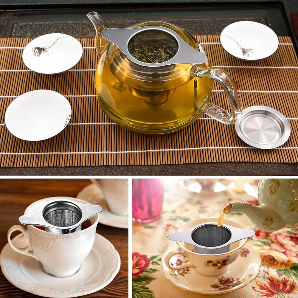 TerraShine Edelstahl-Teesieb mit ultrafeinem Sieb zum Filtern von Teeblättern, leicht zu reinigen, langlebig und inklusive doppelter Griffe und Deckel