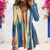 Women Plus Size V Neck Long Sleeve Blue Green Printed A Line Dress