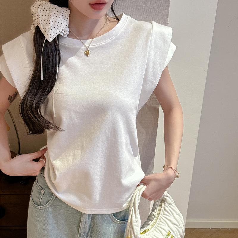 Summer white round neck short-sleeved t-shirt women's spring summer new design sense niche loose casual front shoulder look thin