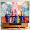 2D Flat - 2D Flat - A Tapestry Featuring a Large Or Small Design of Colorful Boats on a Calm Ocean, with Vibrant Sails And a Reflective Surface, Perfe
