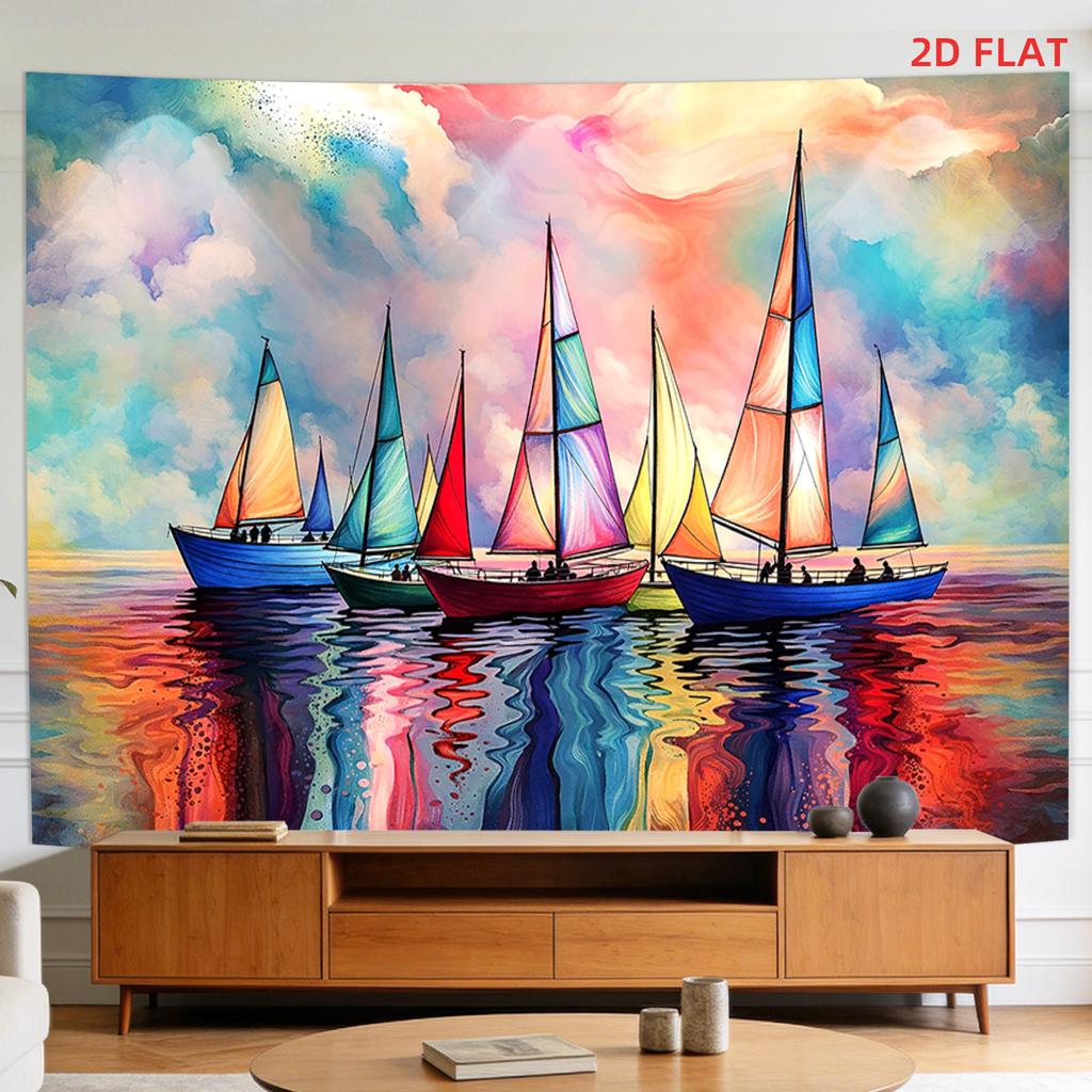 2D Flat - 2D Flat - A Tapestry Featuring a Large Or Small Design of Colorful Boats on a Calm Ocean, with Vibrant Sails And a Reflective Surface, Perfe