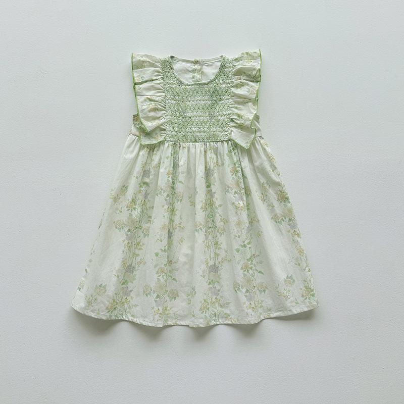Vintage Floral Smocked Sleeveless Round Neck Summer Dress For Girls Stylish Children Clothing 90cm