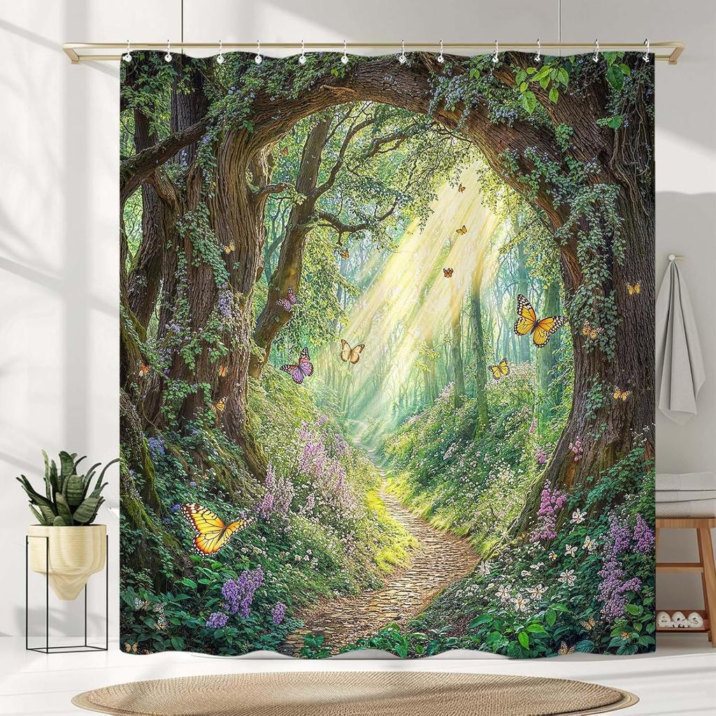 Whimsical Forest Shower Curtain Set Magical Butterfly Woods Waterproof Bathroom Shower Curtain Lush Green Nature Print Fairyhome