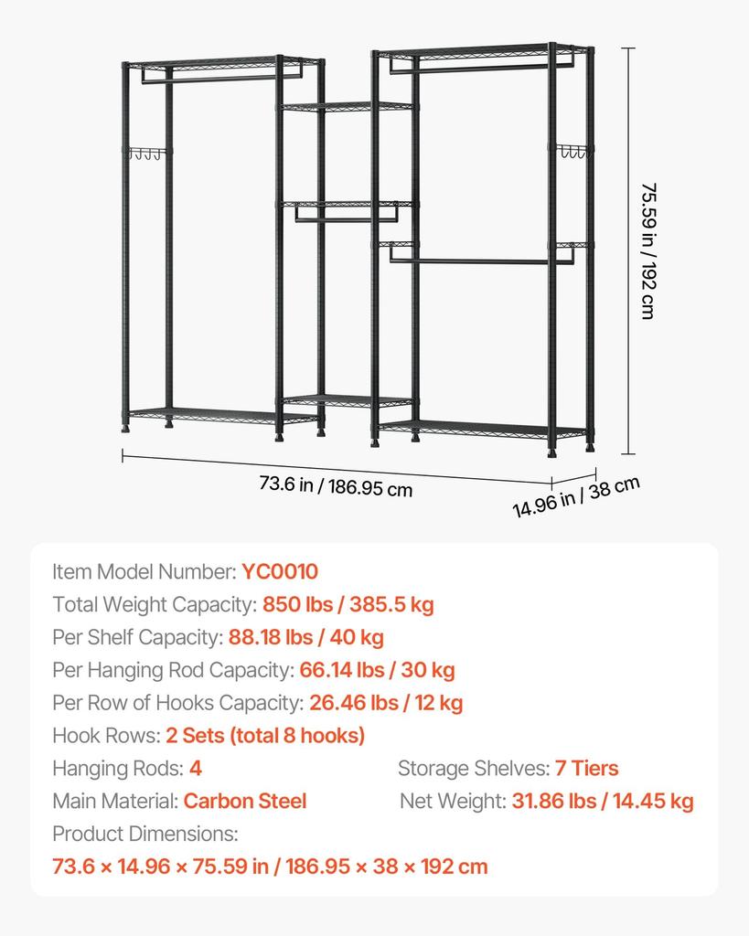 Clothing Garment Rack, Heavy Duty Closet Wardrobe, 7 Adjustable Tiers Clothes Racks with Steel Frame, 385.5 kg Load Capacity Clothes Rack with 4