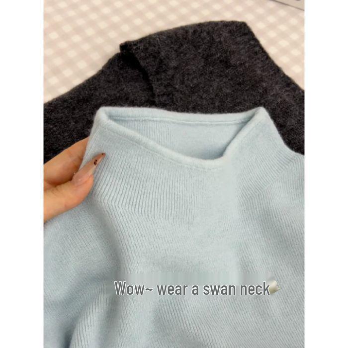 Fufu Korean Style Blue Slim-Fit Knitted Sweater, Semi-High Neck, Soft and Cozy Top for Autumn and Winter 2026.