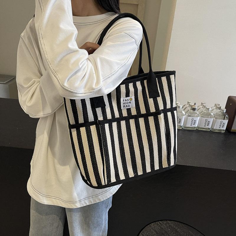 Canvas Bag Women's Large-capacity New Casual Striped Shopping Bag Commuter Tote Bag