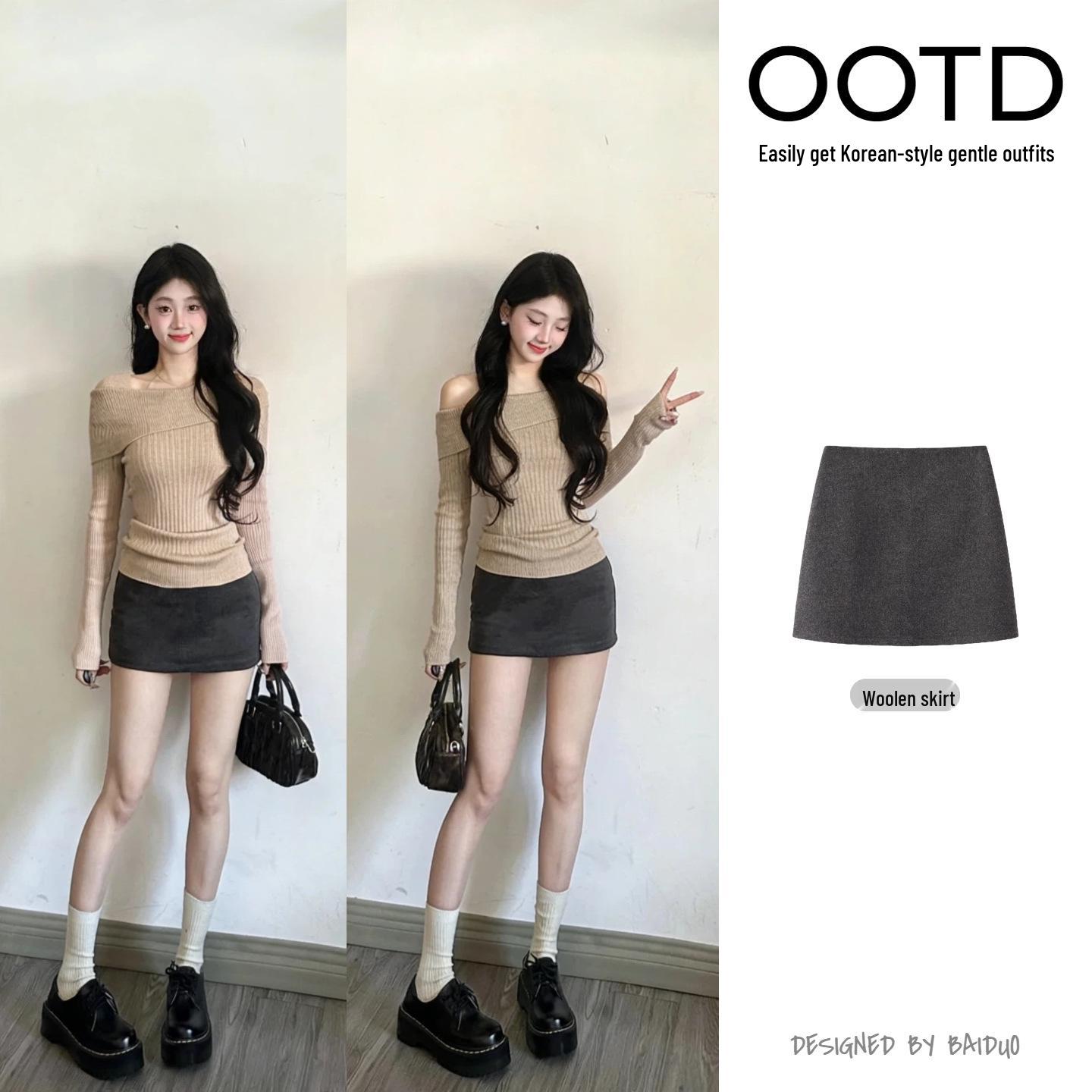 Autumn Knitwear: High-End Slimming One-Shoulder Lapel Sweater M серой юбки