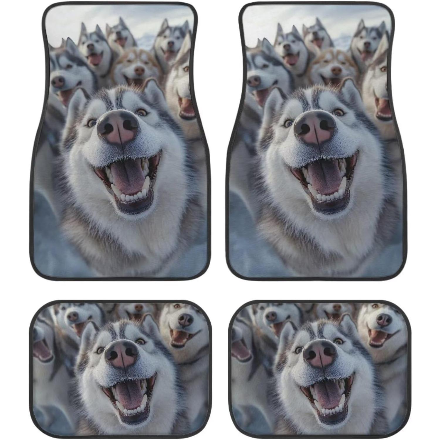 

SUV Sedan Easy To Clean Playful Design 4pcs Car Floor Mats Funny Husky Print All Weather Full Set Universal Fit Car Carpet for Most Cars Truck Four-piece Set