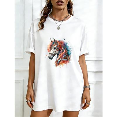 T-shirt Oversize Stampa Artistica Testa di Cavallo Nera Abbigliamento Casual da Donna Streetwear Pezzo Statement di Moda