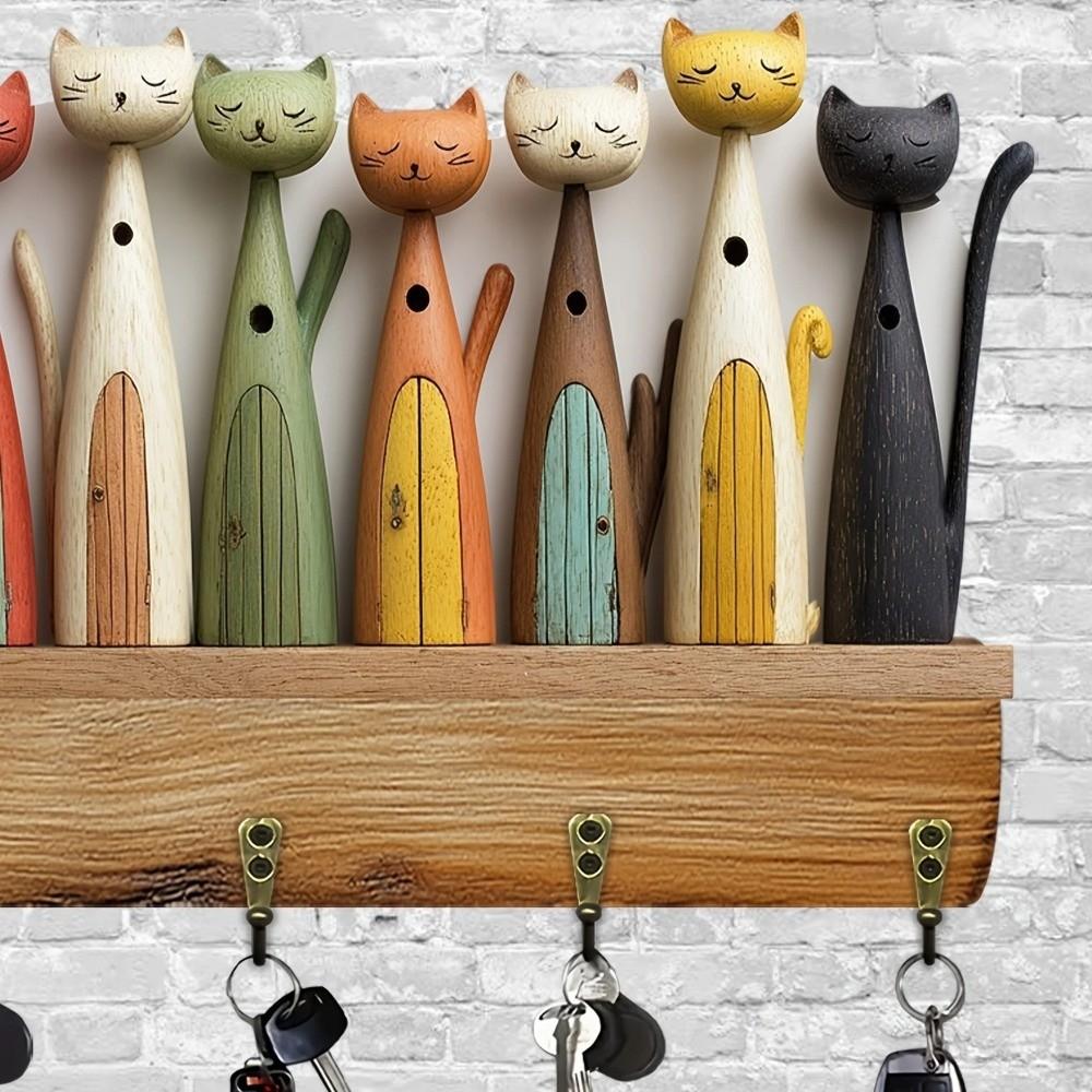 Kleurrijk Kattenpatroon Sleutelhaak Houten Sleutelhangerhouder Handige Wand Sleutelhouder Veranda Decoratie