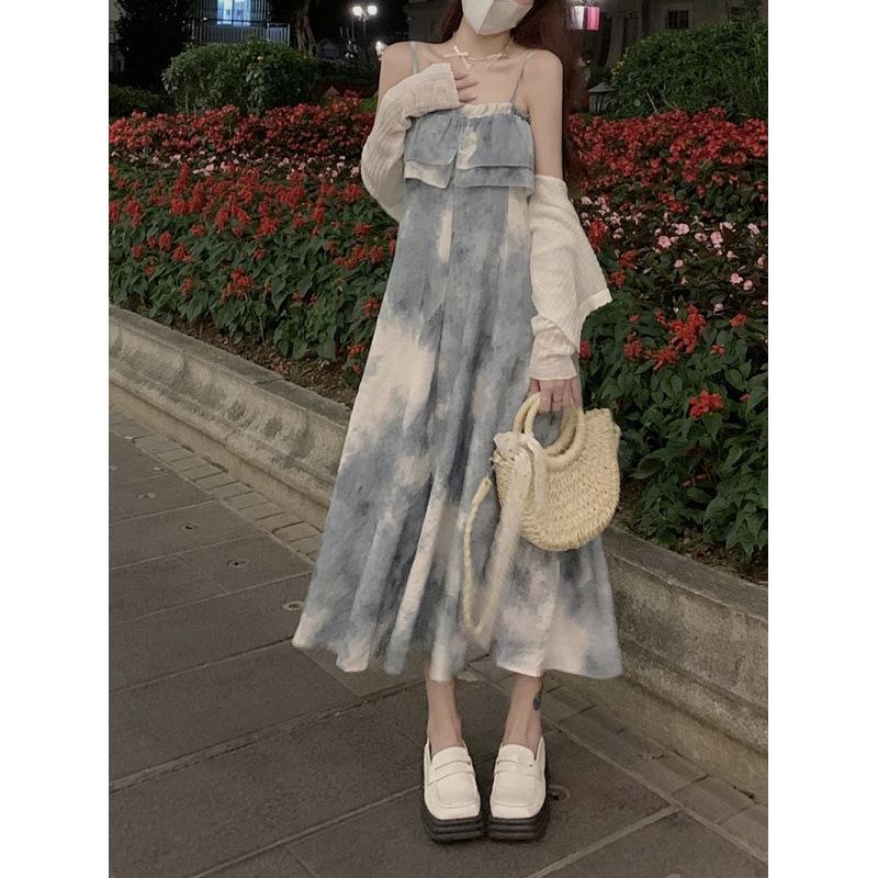 Korean Version of High-end Lazy Vacation Style High-waisted Dress for Women's Summer Design, Slim and Thin A-shaped Medium and Long Dress