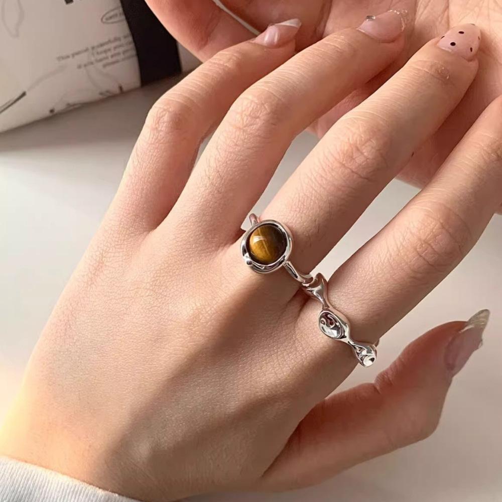 Light luxury s925 sterling silver open ring Light luxury tiger's eye stone niche solid special-shaped versatile ring