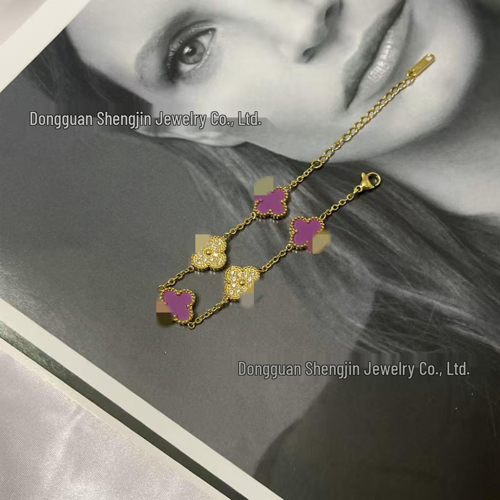 18k Gold 13mm Clover & Diamond Five-Flower Bracelet - Women's Simple, Versatile, Non-Fading Fashion Accessory