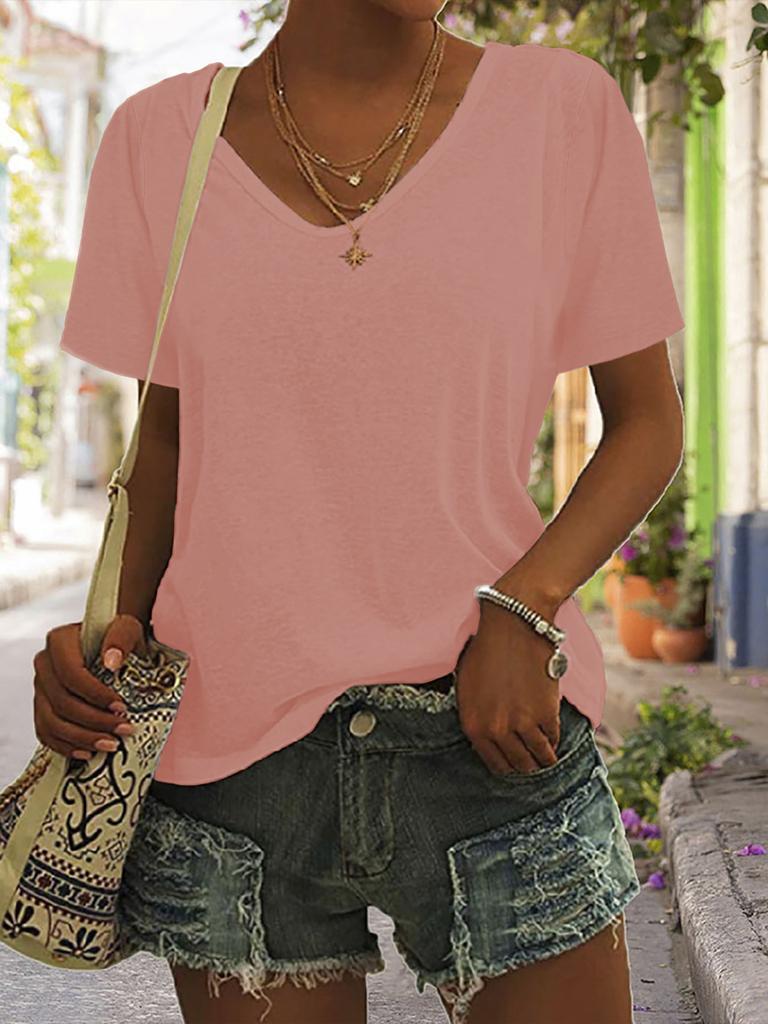 European and American women's solid color V-neck short-sleeved T-shirt, loose casual top can be printed in stock.