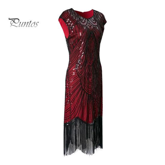 Vestito da sera vintage con paillettes da donna, senza maniche, scollo tondo, chiusura lampo posteriore, orlo con frange, a tubino, vestibilità aderente