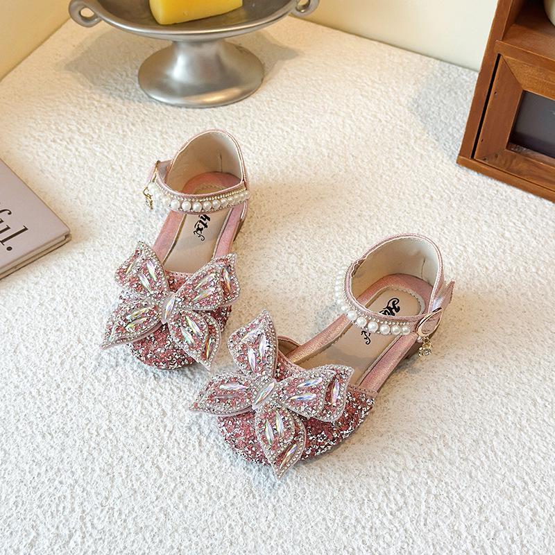2026 New Rhinestone Bow Princess Leather Sandals for Girls