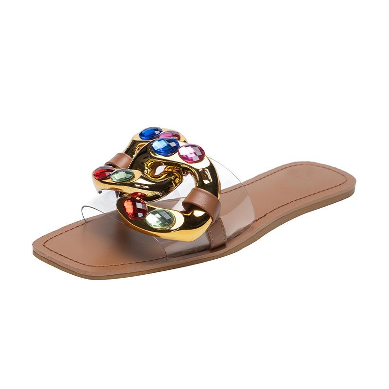 Женские шлепанцы с квадратным носком сандалии на плоской подошве прозрачные тапочки с металлическими украшениями и кристаллами женская модная повседневная обувь лето 42 37 светло-коричневого 2899₽