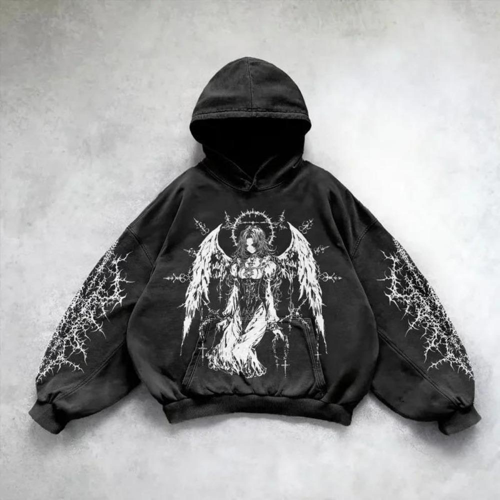 Retro Gothic Graphic Print Hip Hop Hoodie for Men Y2k Grunge Punk Casual Loose Pullover Women Streetwear Sweatshirt Hoodies