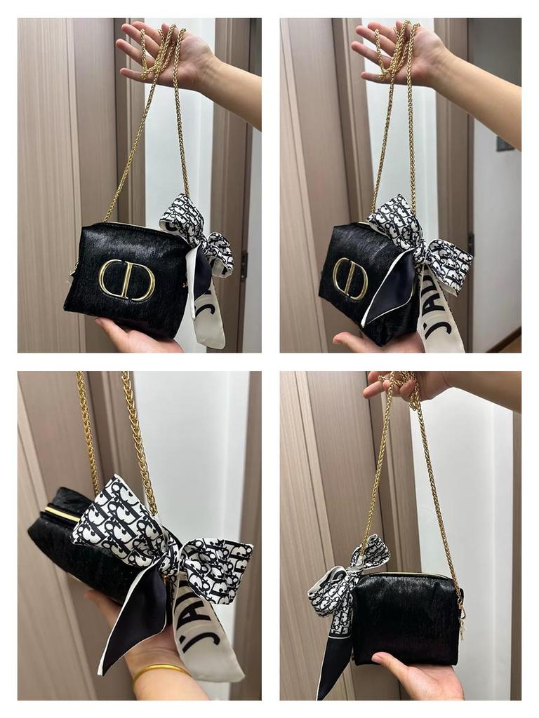 DIOR Black Cosmetic Makeup Pouch, Bonus Silk‑Scarf Bow & Gold Chain Strap, DIY Convertible Women Crossbody Shoulder Bag