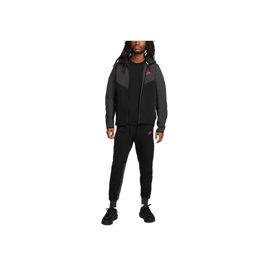 Nike Sportswear Tech Fleece Full-Length Zip Hooded Jacket Men Jackets Black Dark-Smoke-Grey Light-Deep-Red FB7922-013