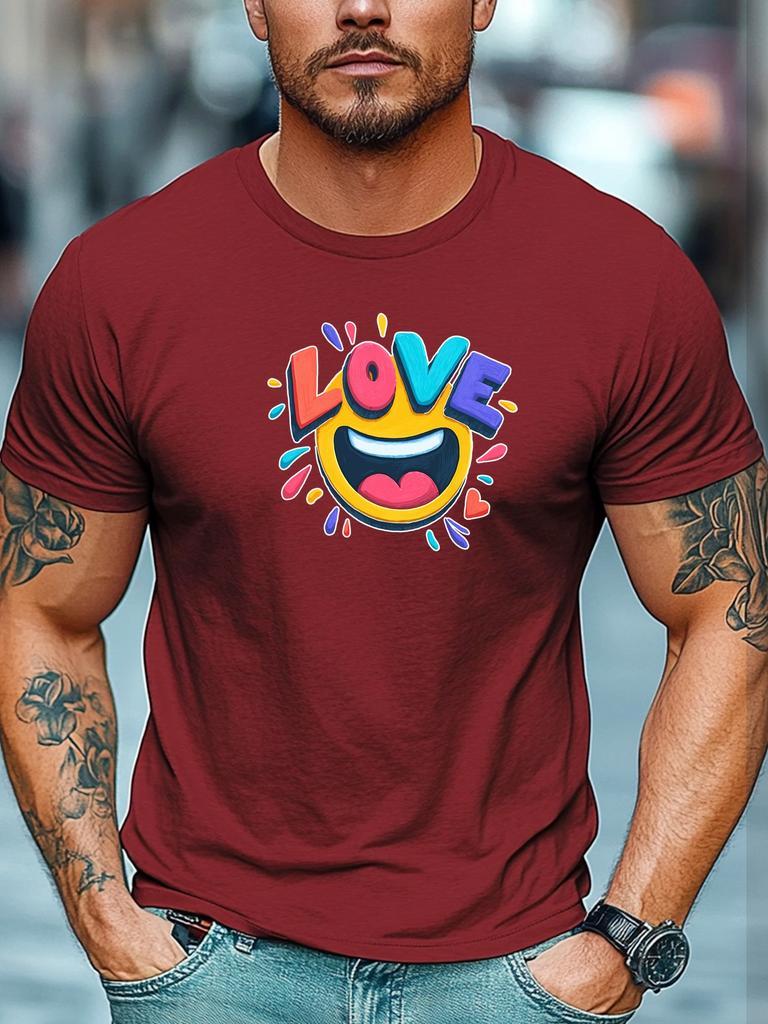 Mens Summer Love TShirt Love Emoji Colorful Print Short Sleeve Round Neck Breathable Oversized Sweet Daily Wear