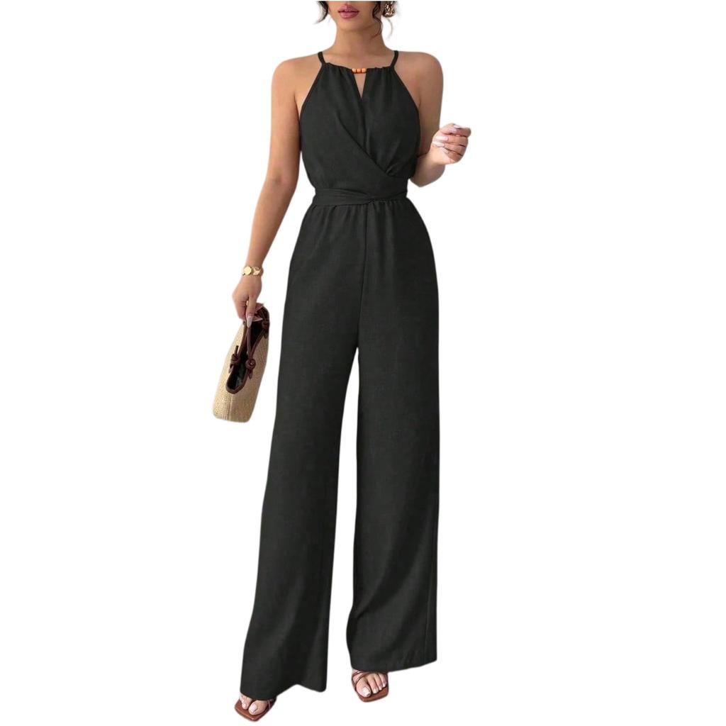 Ladies' Casual Hanging Neck Cross Exposed Waist Cinched Versatile Sleeveless Jumpsuit
