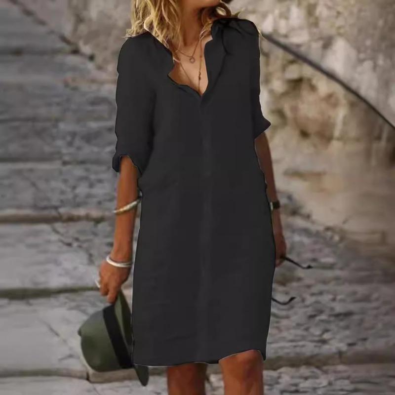 

Платье с половиной рукава на пуговицах спереди, повседневное однотонное простое платье-миди, женская одежда 3XL чёрный