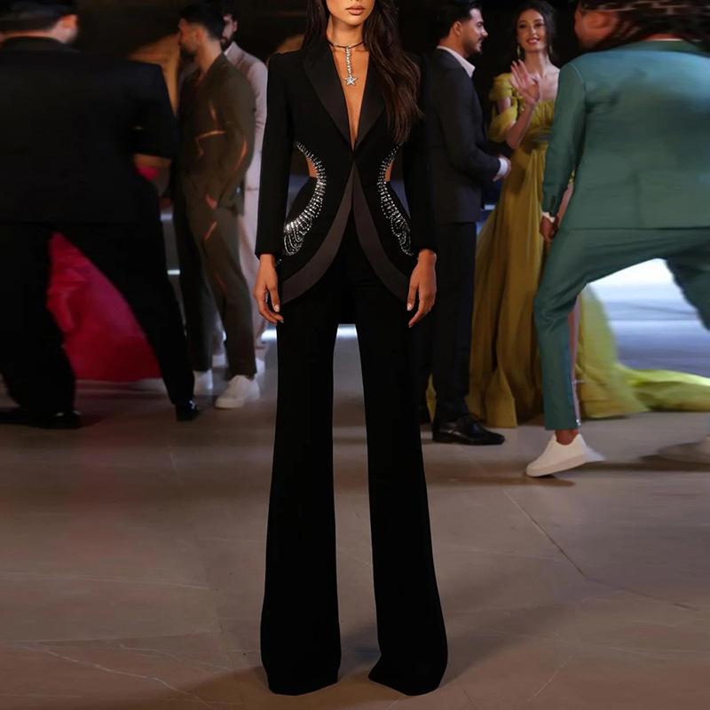 High Street Fashion 2026: Early Spring Hollow Out Hot Drilling Two-Piece Suit Set (Jacket & Trousers)