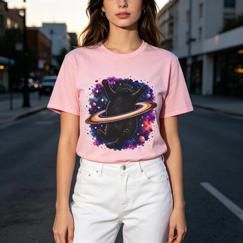 Space Black Cat Graphic T Shirt Galaxy Saturn Cat Print Unisexs Unisexs Cotton Crew Neck Casual Y2k Top Oversized Tee Harajuku