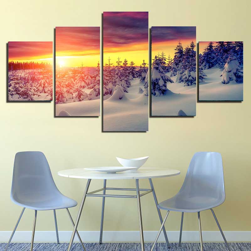 5 Pieces Fantasy Sunset Snowy Forest Canvas Painting Landscape Posters and Prints Wall Pictures Living Room Home Decor No Frame