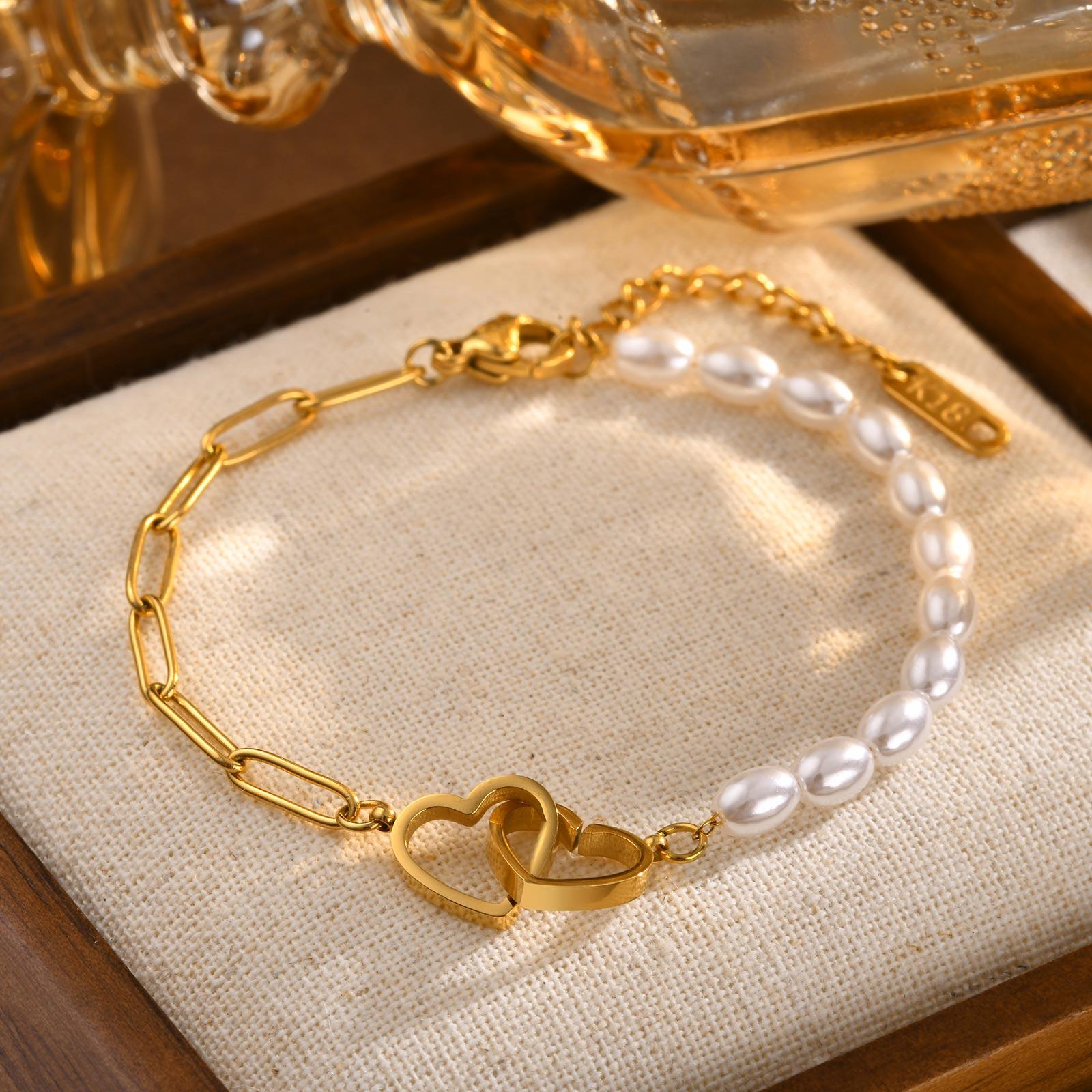 Round Cross Chain Shell Heart Shaped OT Buckle Bracelet for Women Rectangular Chain Double Ring Imitation Pearl Bracelet Jewelry