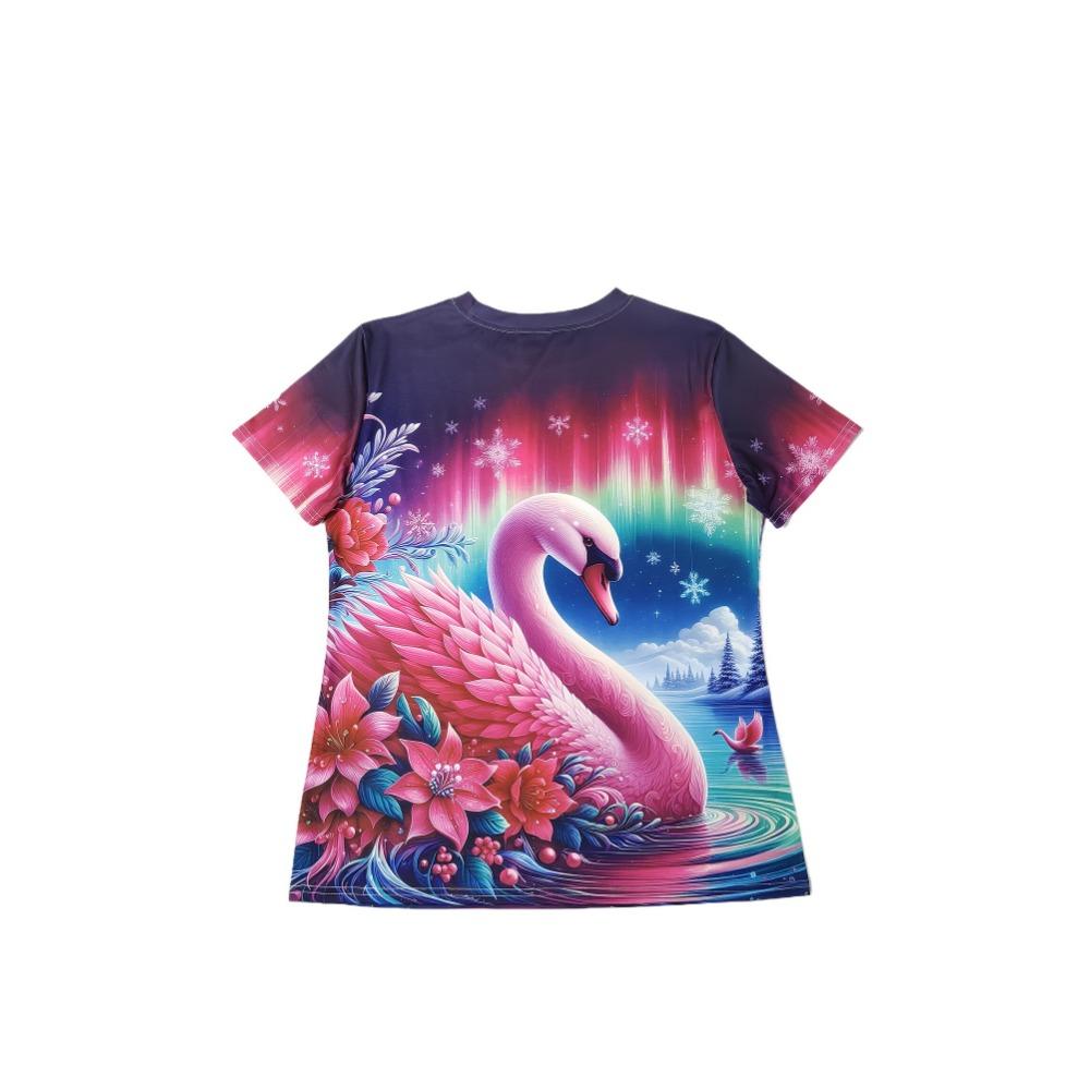 Camiseta Magenta Swan Feminina - Estampa Aurora & Floral, Design de Estampa de Inverno Encantado para Uso Casual Diário