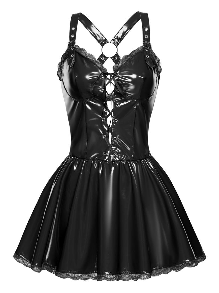 Womens Glossy PU Dress Front Lace Up Cross Back Adjustable Straps Floral Lace Trim A-Line Clubwear
