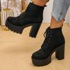 Black Thick High Heels Ankle Boots Women  Plus Size 42 Lace Up Short Booties  Vintage Chunky Platform Flock Boots Woman