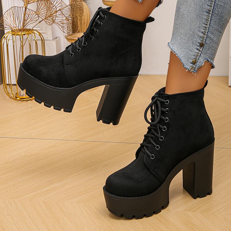 Black Thick High Heels Ankle Boots Women Plus Size 42 Lace Up Short Booties Vintage Chunky Platform Flock Boots Woman