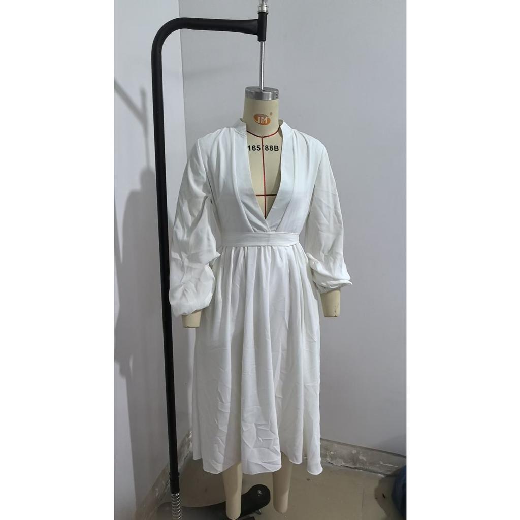 Women's Stand Collar V Neck Long Sleeve Chiffon Maxi Dress High Waist Solid Color Casual Dress