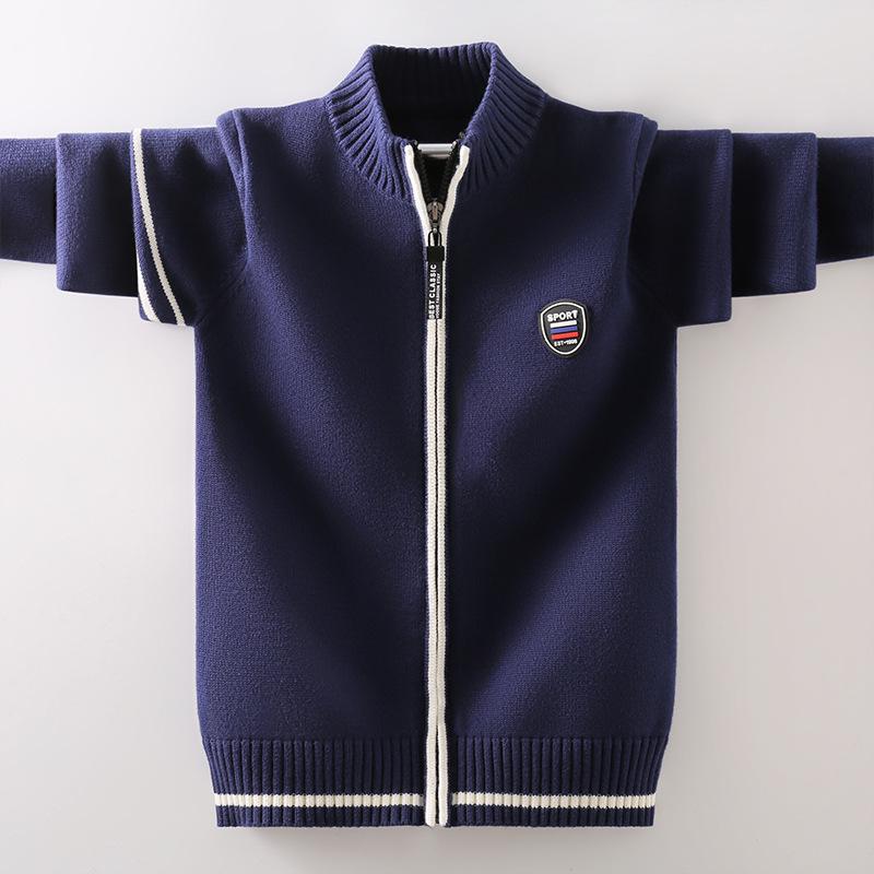 Boys' & Girls' Zip-Up Baseball Jacket, Fleece-Lined Knitted Cardigan for Kids, Spring/Autumn Style