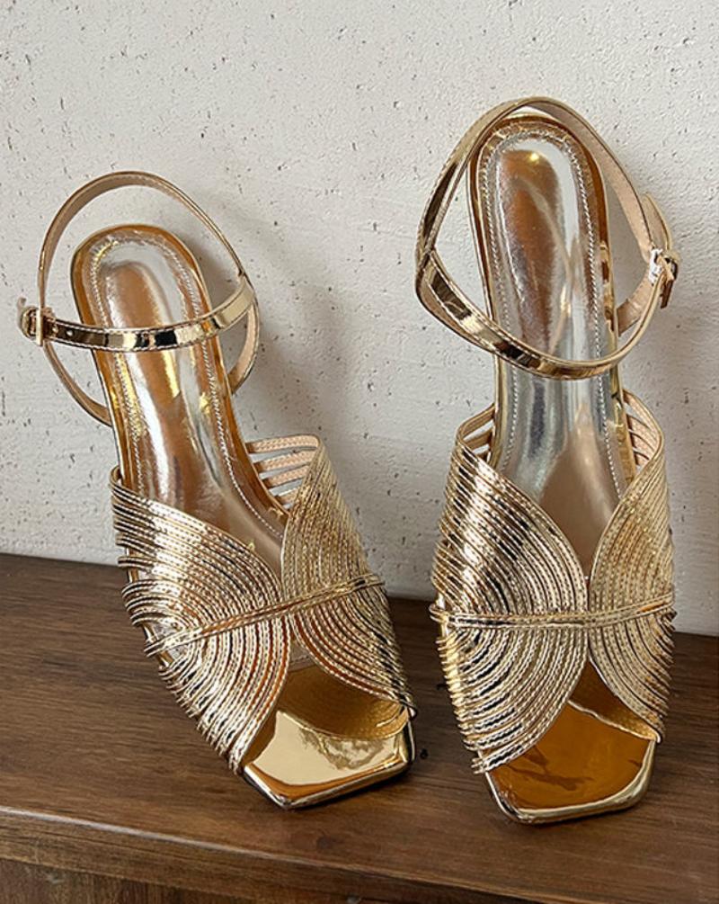 Summer 2024 Gold Sandals for Woman Open Toe Footwear Buckles Women's Shoes with Medium Heels Sandal Korea Comfort The Best F H