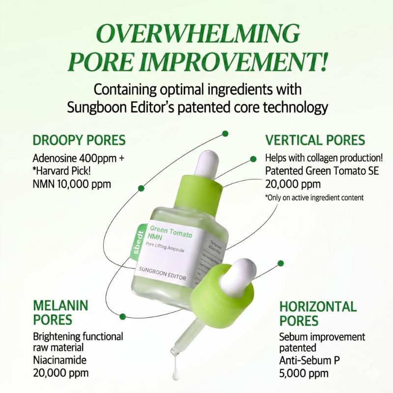 Sungboon Editor Green Tomato NMN Pore Lifting Ampoule + Pore Hydro Soothing Toner Set Pore Tightening & Hydration Care