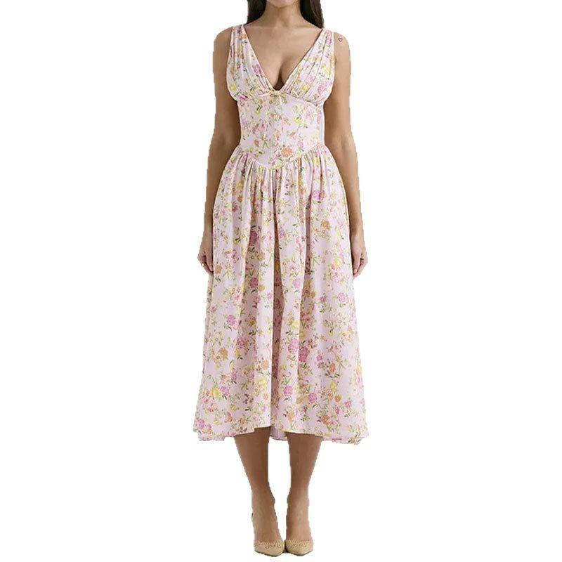 Women's clothing, new spring models in Europe and America, elegant temperament printed V-neck suspender long dress dress