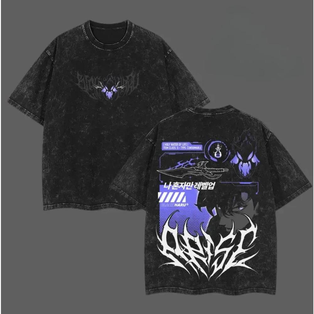 Anime Solo Leveling Sung JinWoo Clothing Men Women Short Sleeve Tshirts Washed Cotton Tee Retro Casual T-shirt Harajuku T Shirt