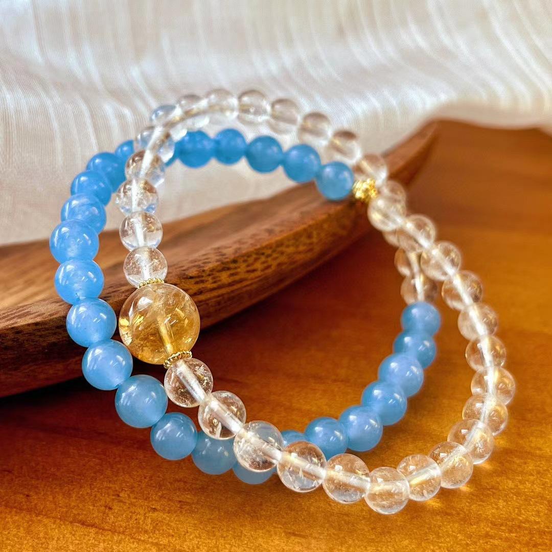 Vintage Natural White Crystal Aquamarine Quartzite Stone Bracelet Multi-Circle Bracelet.