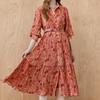 MAXZA Flower Belted Chiffon Pleated Shirt Dress